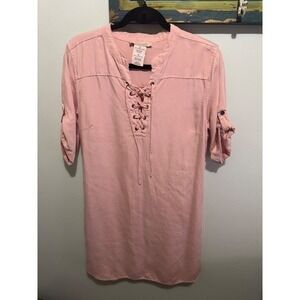 Philosophy Republic Clothing Rose Pink Tencel Lace Up Roll Tab Shift Dress M